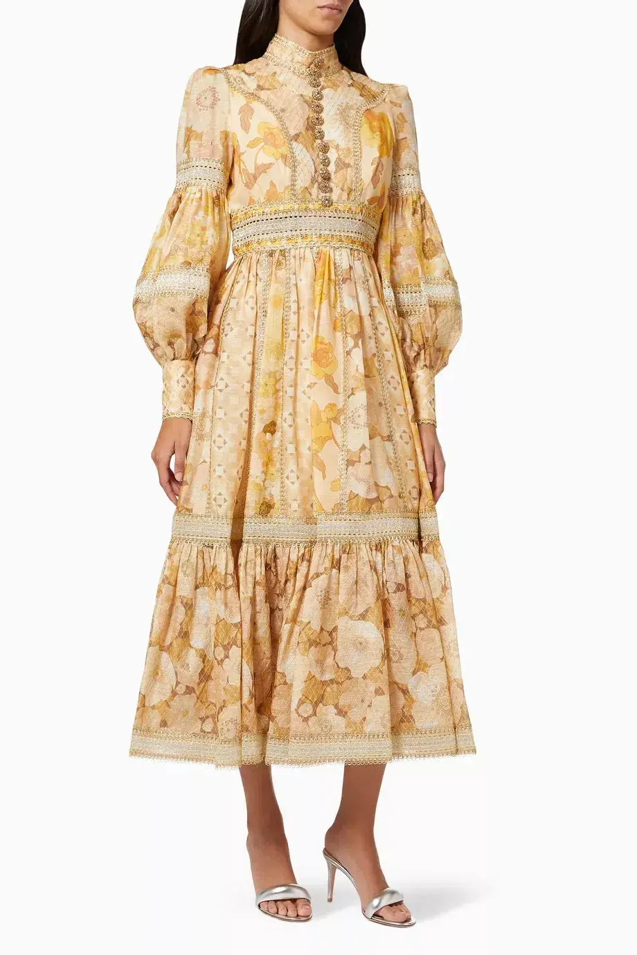 Zimmermann Tempo Spliced Trim Gown Gold Mixed Print Size 4/ AU 16 for rent on The Volte - main image