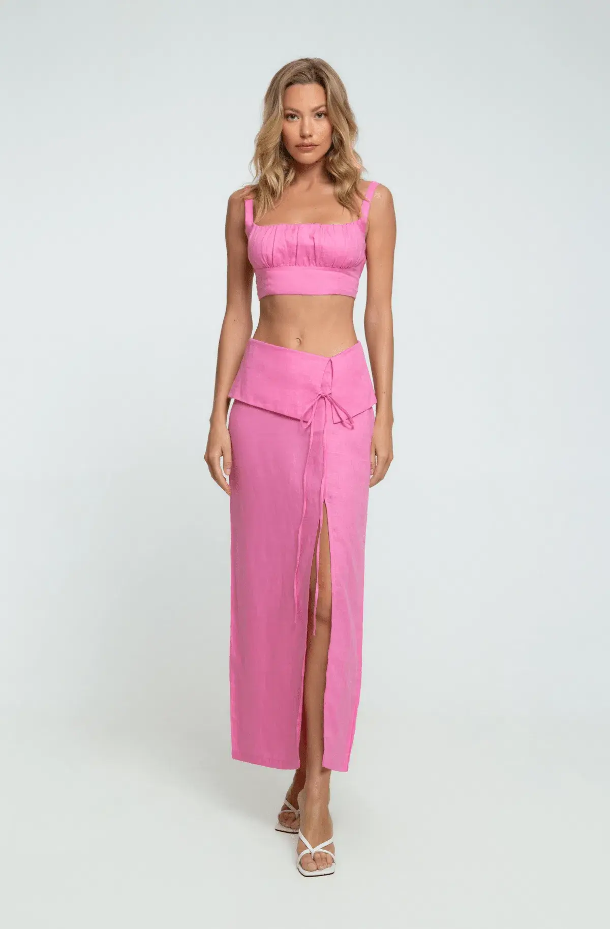 Summer Born Label Catara Linen Crop Top and Midi Skirt Set Pink Size XS /AU 6 - Image 1