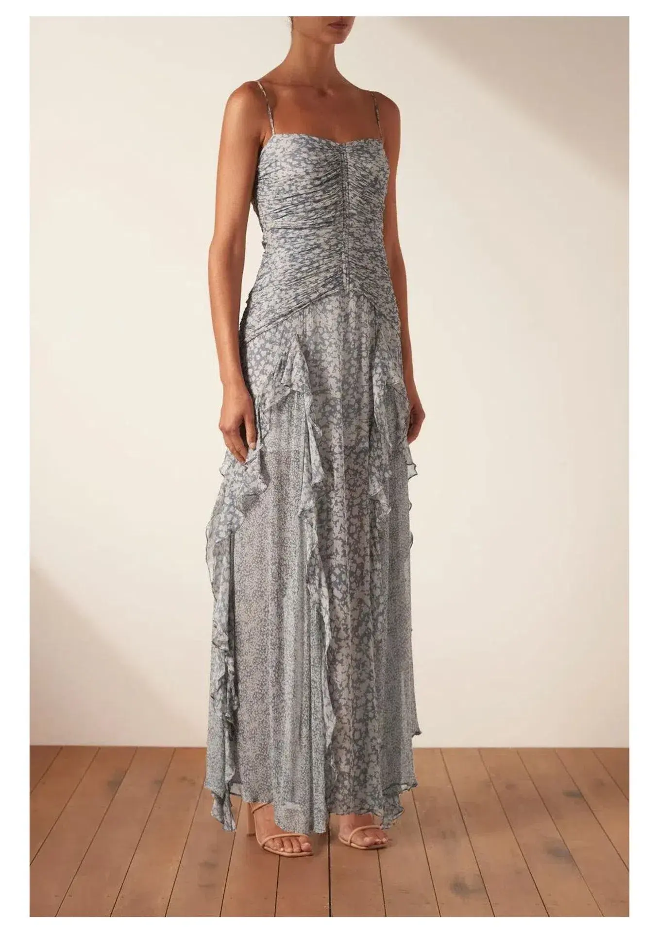 Shona Joy Candice Ruched Frill Maxi Dress Print Size 6 - Image 1