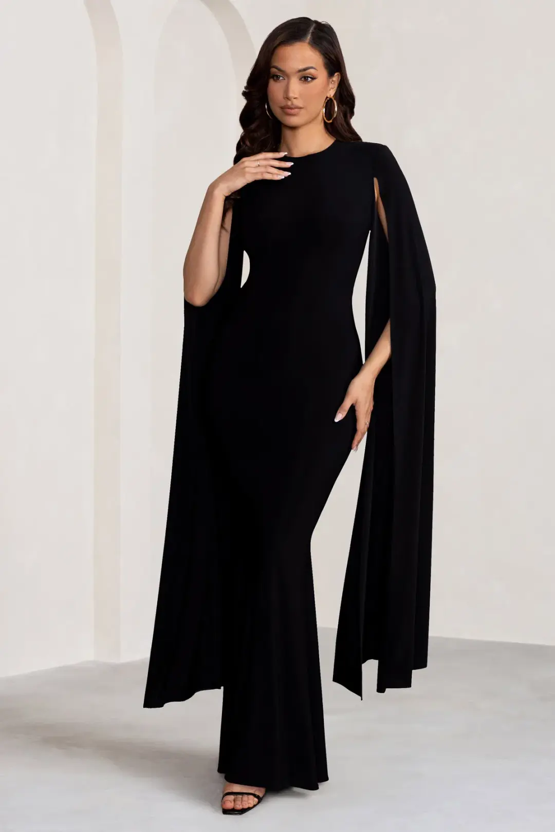Club L London Kimmy High Neck Maxi Dress with Cape Sleeves Black Size 16 for rent on The Volte - main image