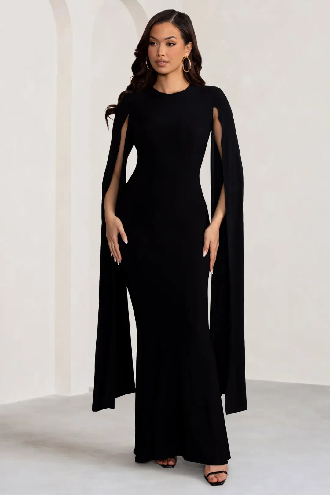Club L London Kimmy High Neck Maxi Dress with Cape Sleeves Black Size 16 for rent on The Volte - main image