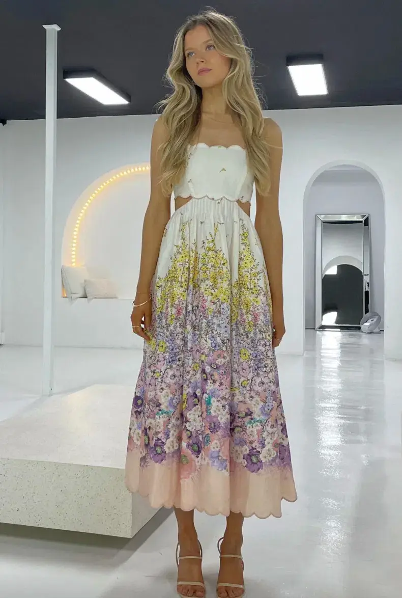 Zimmermann Jude Scallop Midi Dress in Peach Gradient Floral  Size 1 /Au 10 - Image 4