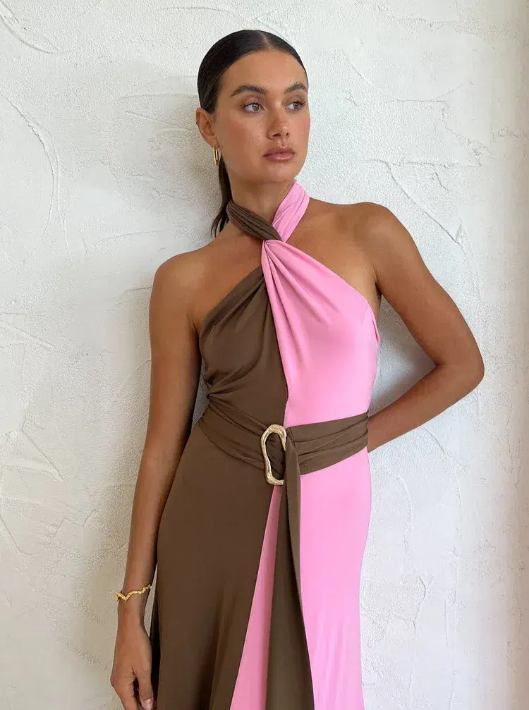 Hansen And Gretel Tempest Halter Wrap Dress In Carob/Pink Size 10 for rent on The Volte - main image