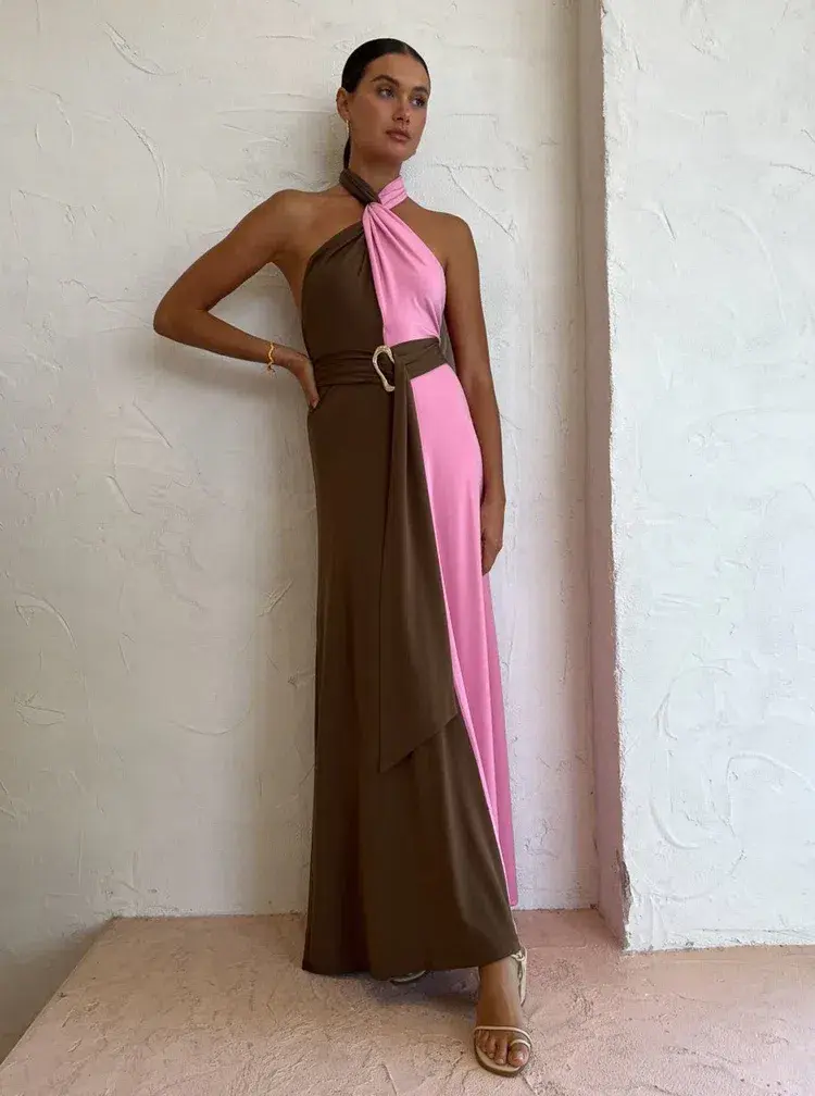 Hansen And Gretel Tempest Halter Wrap Dress In Carob/Pink Size 10 for rent on The Volte - main image