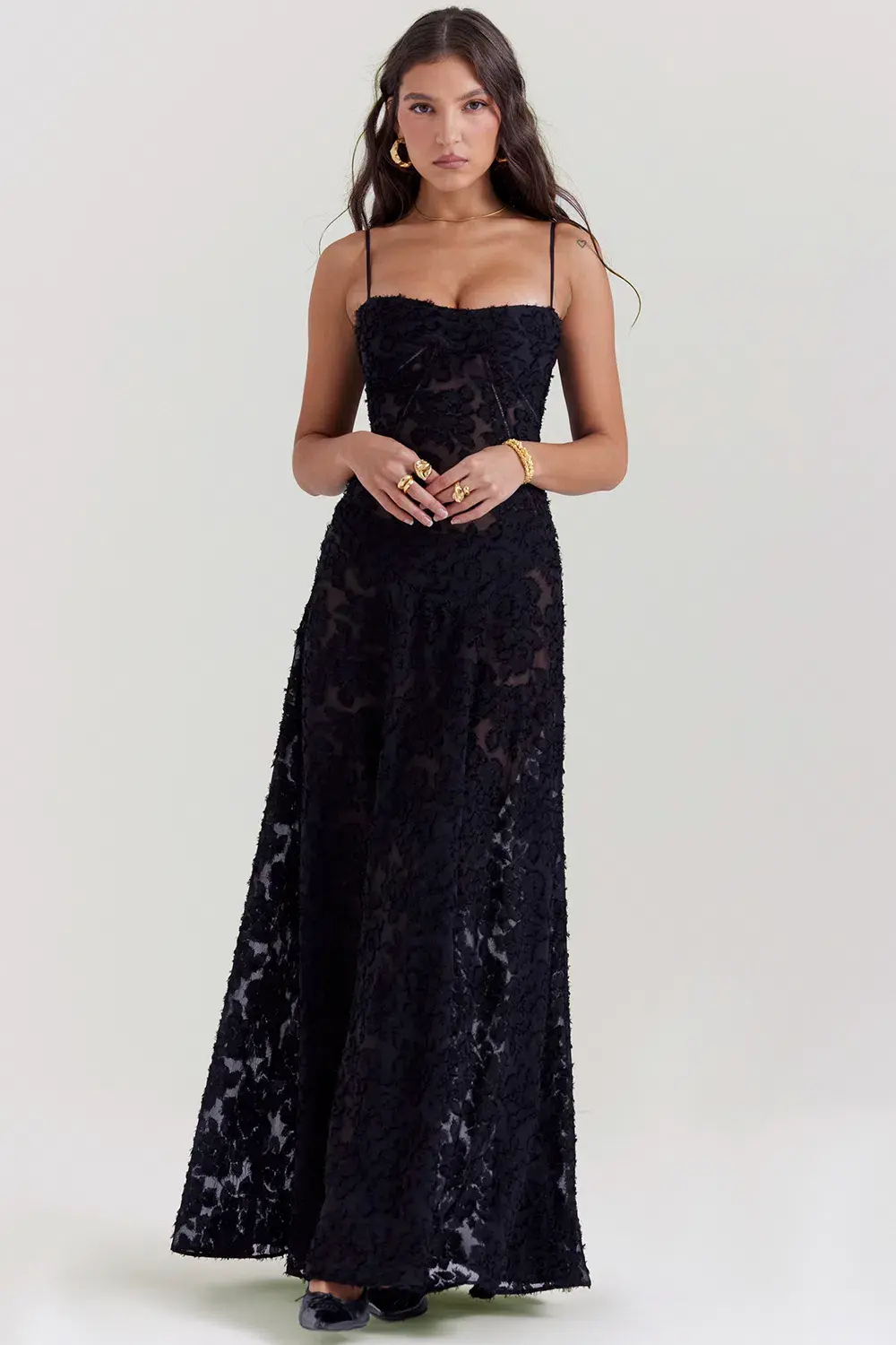 House Of Cb Seren Floral Sheer Lace Back Maxi Dress Black Size Xs / Au 6 - Image 1
