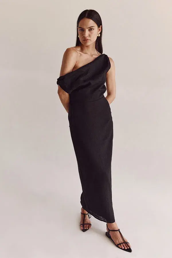 Dissh Cass Black Linen Asym Midi Dress Size 12 for rent on The Volte - main image