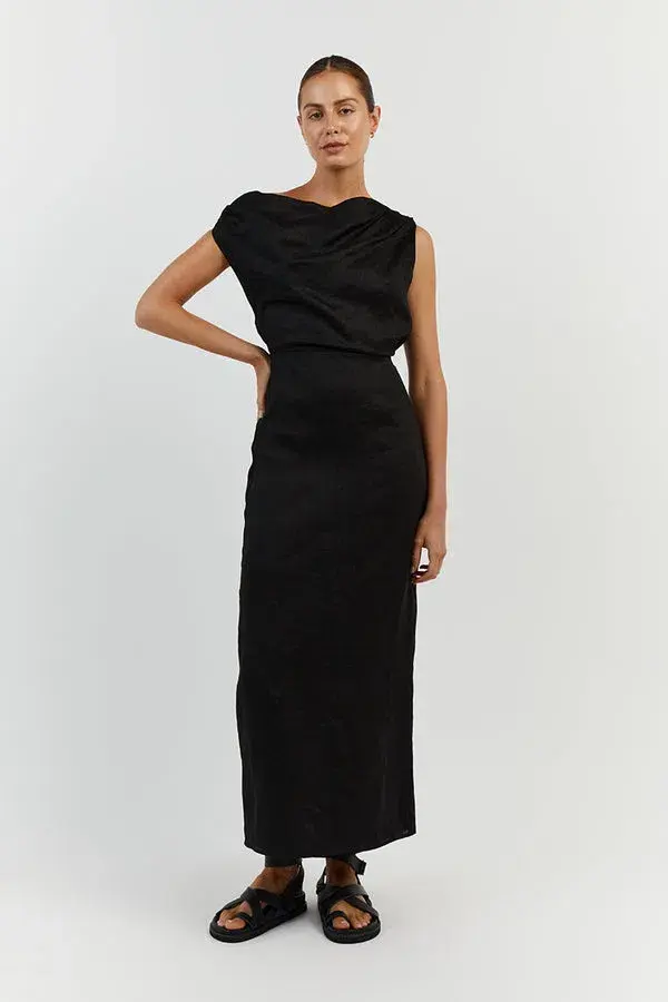 Dissh Cass Black Linen Asym Midi Dress Size 12 - Image 3