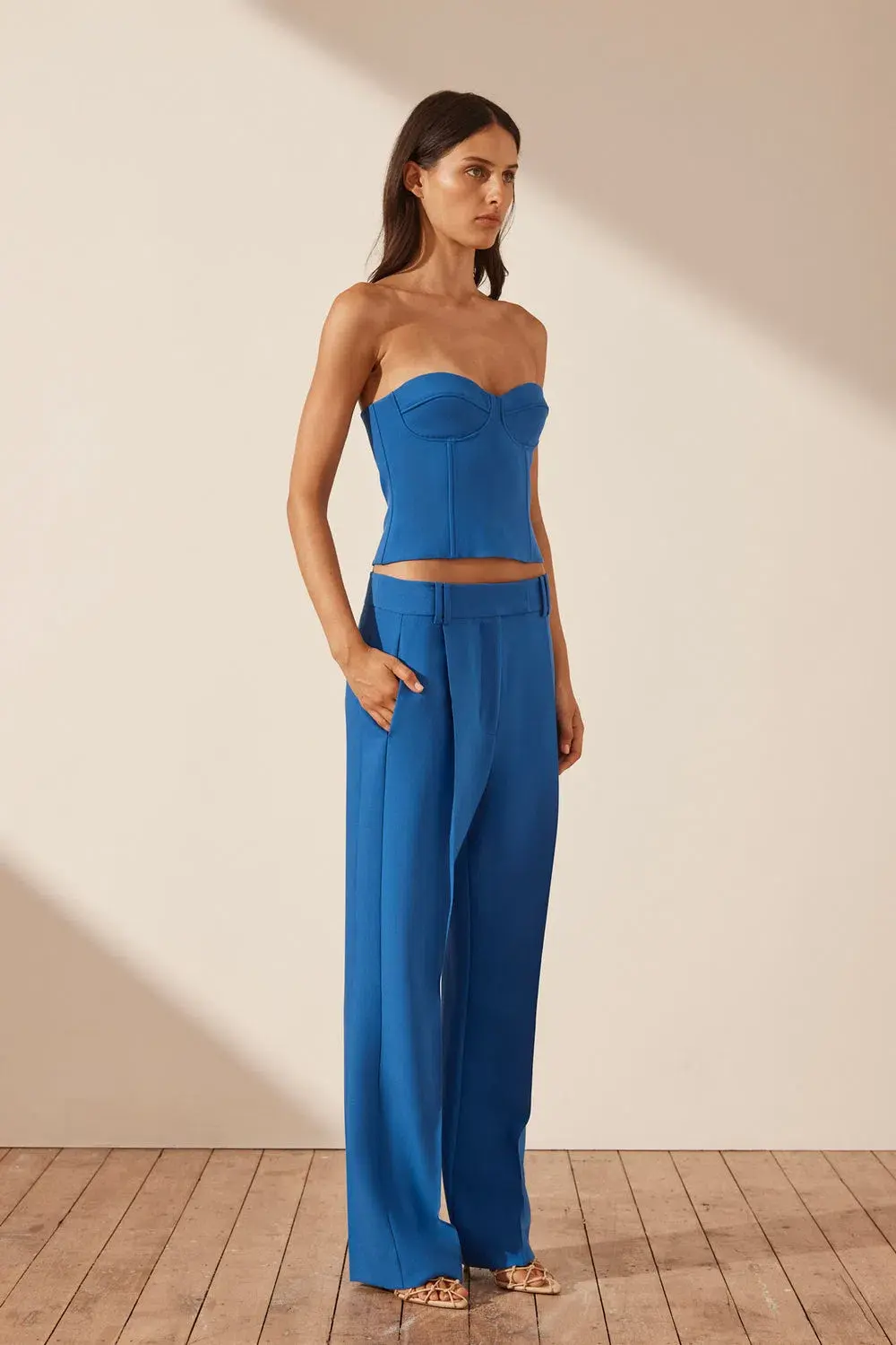 Shona Joy Irene Strapless Corded Bustier and Low Rise Slouch Pants Cobalt Blue Size 10  for rent on The Volte - main image