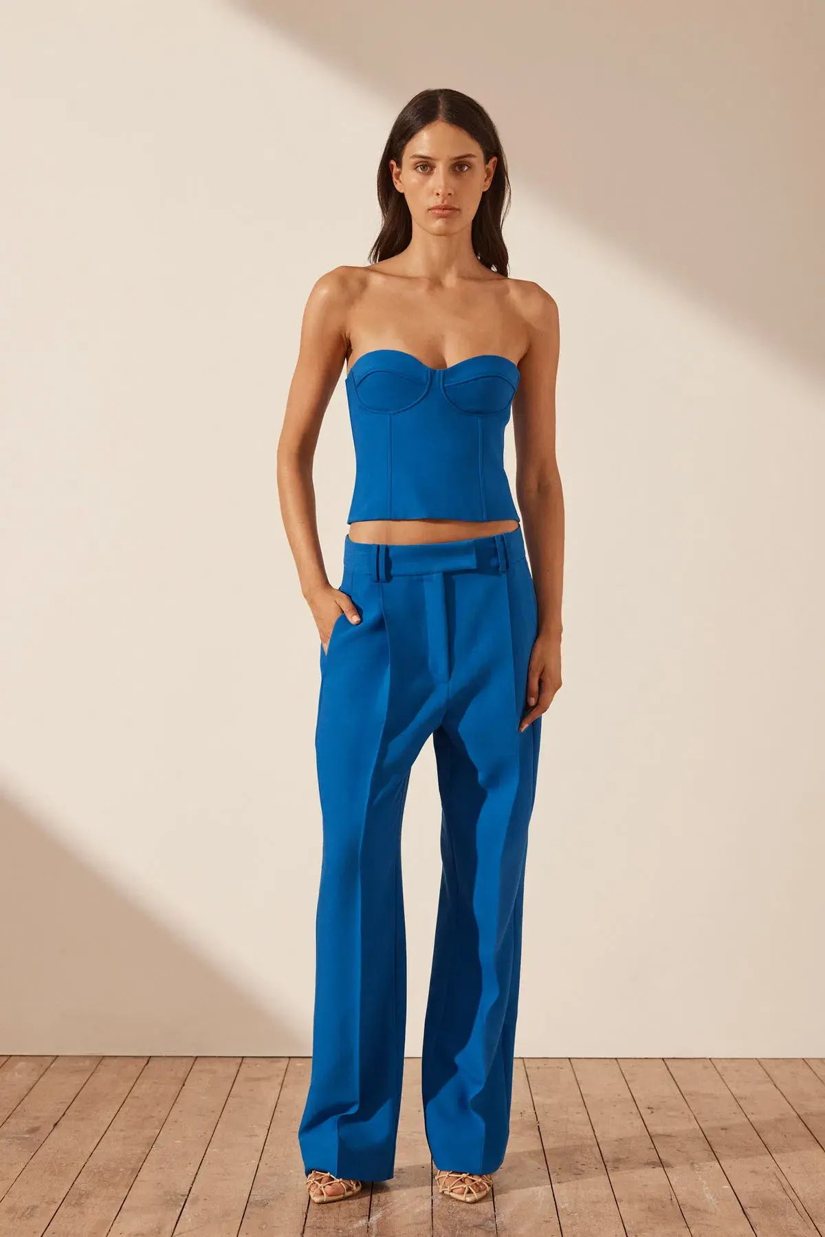 Shona Joy Irene Strapless Corded Bustier and Low Rise Slouch Pants Cobalt Blue Size 10  - Image 1