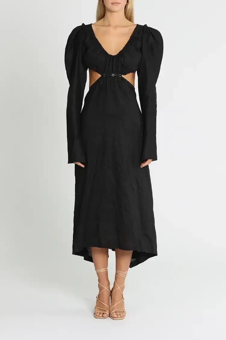 KITX Vital Signs Linen Corset Midi Dress Black Size 12 - Image 1