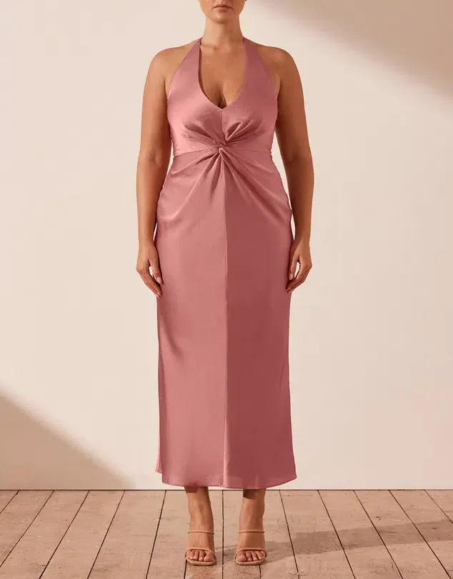 Shona Joy Luxe Twist Front Halter Midi Dress Pink Size 16  for rent on The Volte - main image