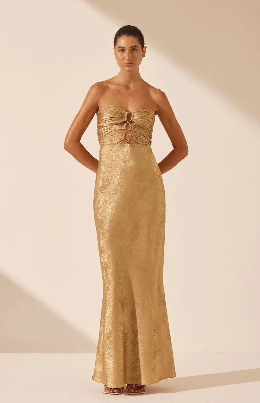 Shona Joy Royale Strapless Lace Up Maxi Dress Gold Size 10 for rent on The Volte - main image
