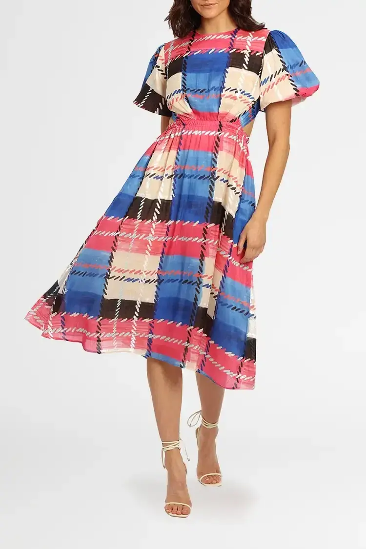 Leo Lin Freedom Madras Cut Out Midi Dress Multi Size 10 - Image 1