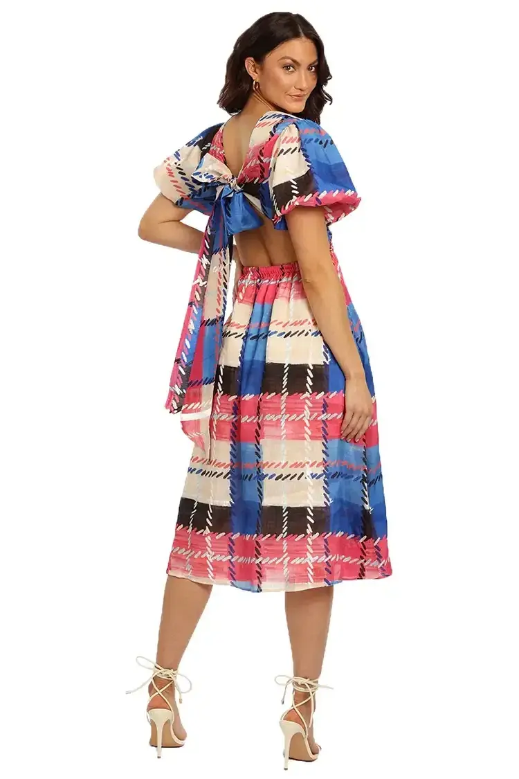 Leo Lin Freedom Madras Cut Out Midi Dress Multi Size 10 - Image 3