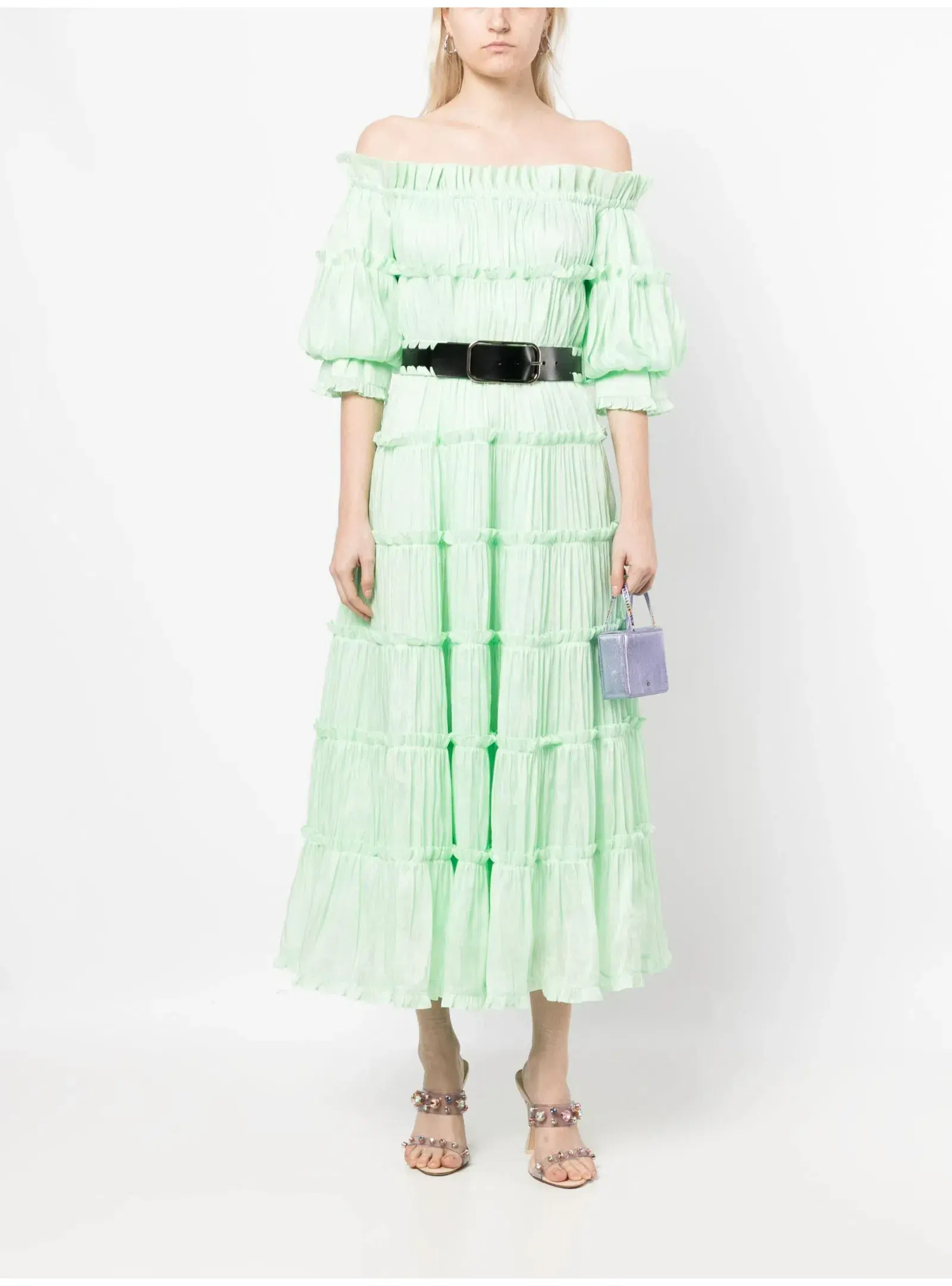 Leo Lin Rue Off Shoulder Tiered Dress Mint Green Size AU 12 - Image 1