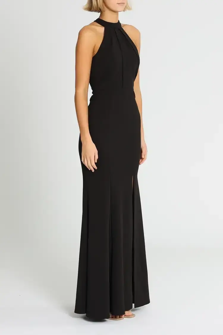 L'amour High Neck Scuba Crepe Gown in Black Size 14 - Image 2