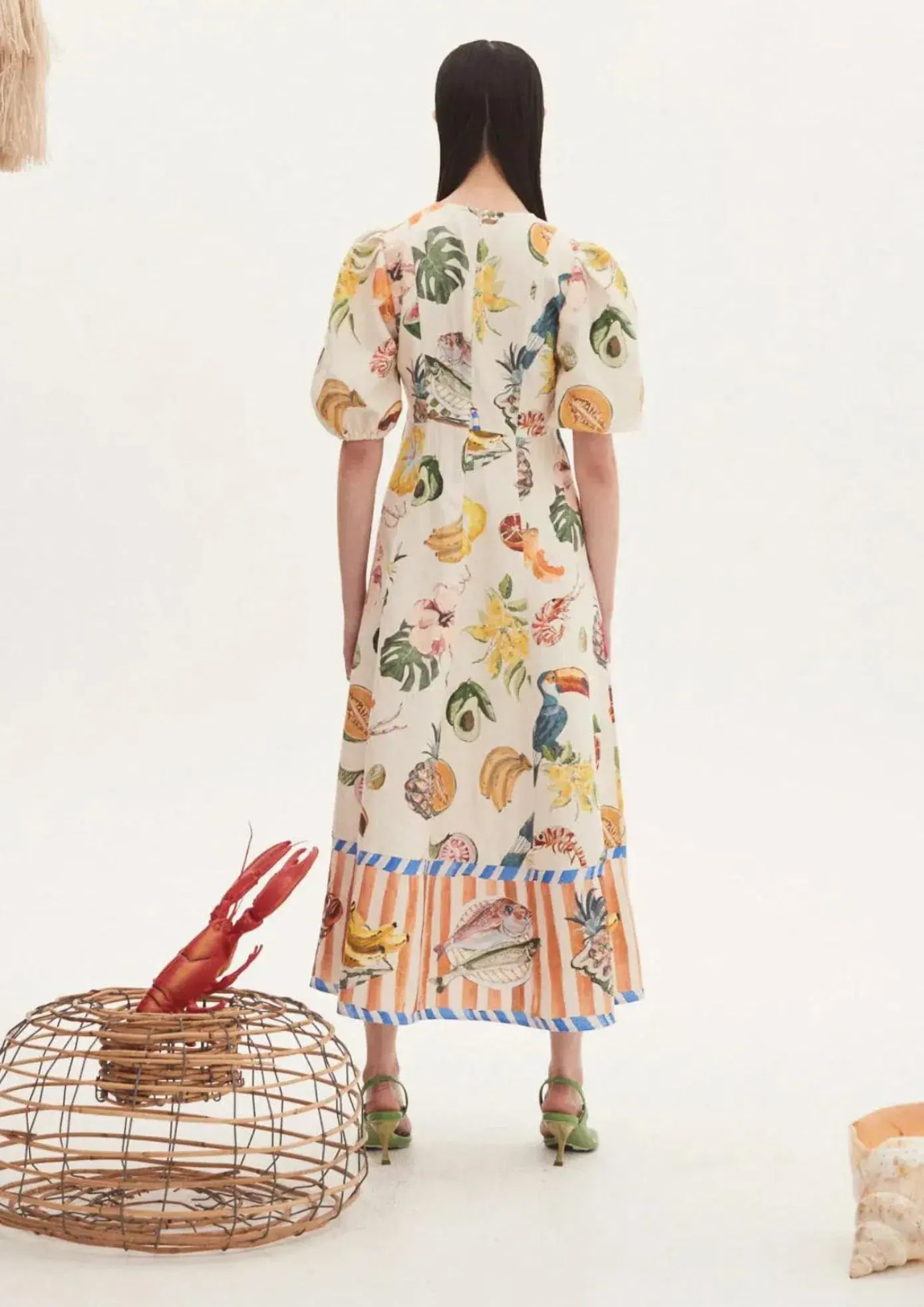 Alemais Theo Linen-blend Midi Dress Ivory Printed Size AU 10  - Image 2