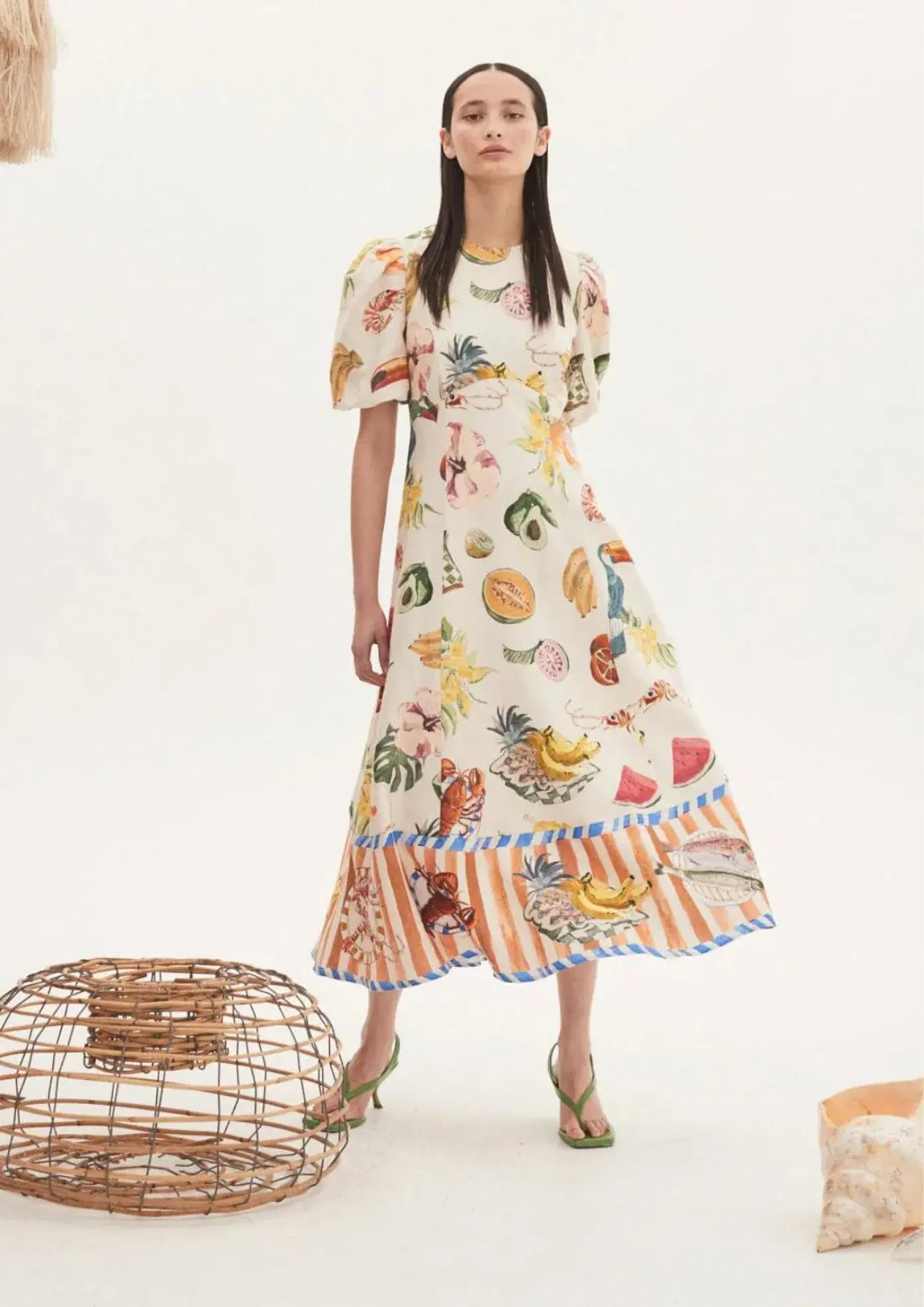 Alemais Theo Linen-blend Midi Dress Ivory Printed Size AU 10  - Image 1