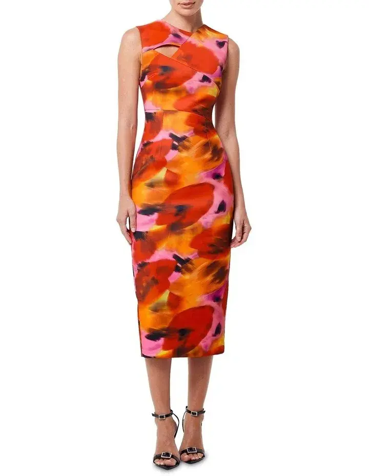 Mossman Allure Midi Dress Orange Print Size AU 8  - Image 1