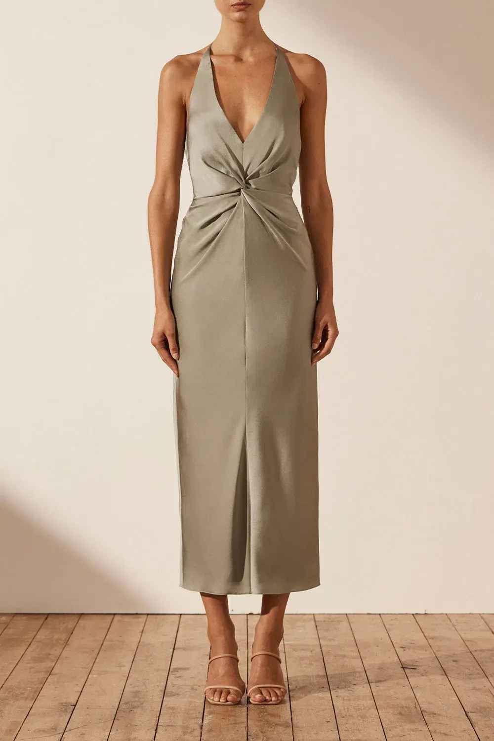 Shona Joy Luxe Twist Front Halter Midi Dress Eucalyptus Size AU 6 - Image 1