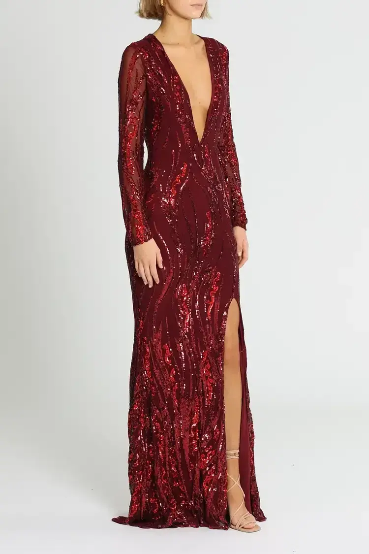L'amour Deep V Plunge Dress in Wine Size AU 8 - Image 2