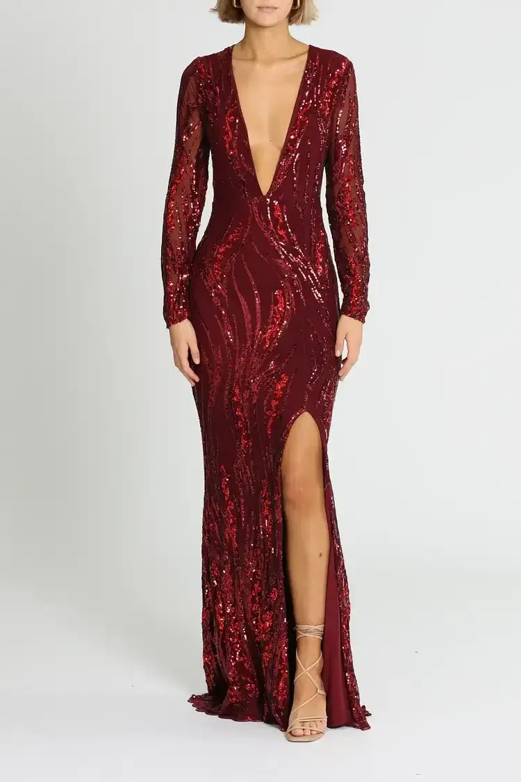 L'amour Deep V Plunge Dress in Wine Size AU 8 - Image 1