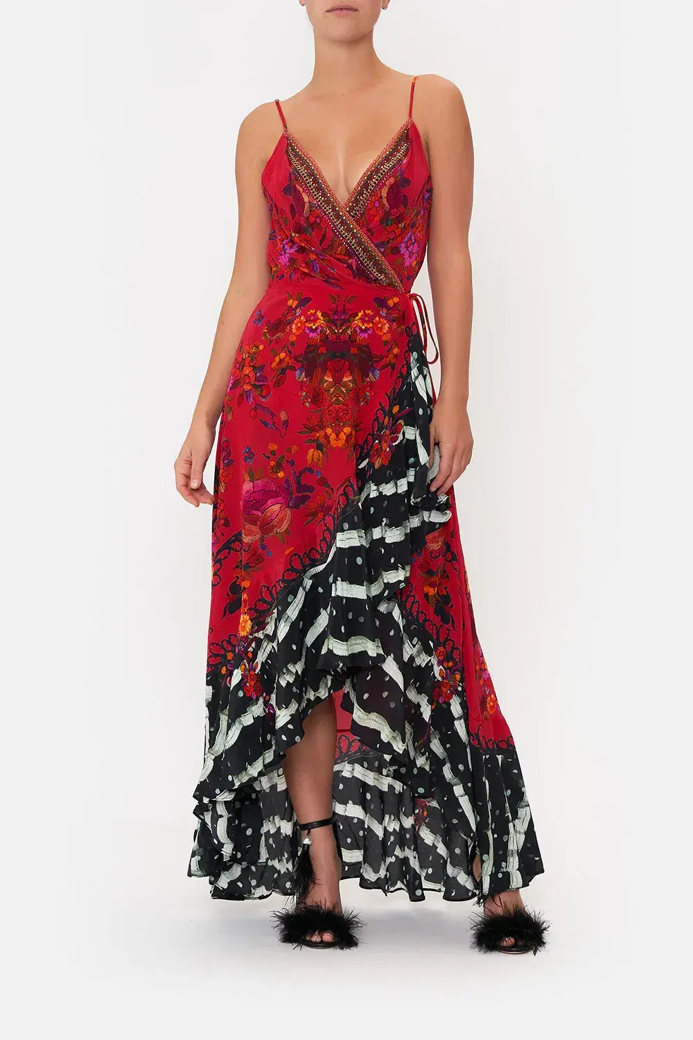 Camilla Draped Front Wrap Dress Red Multi Size 10 - Image 1