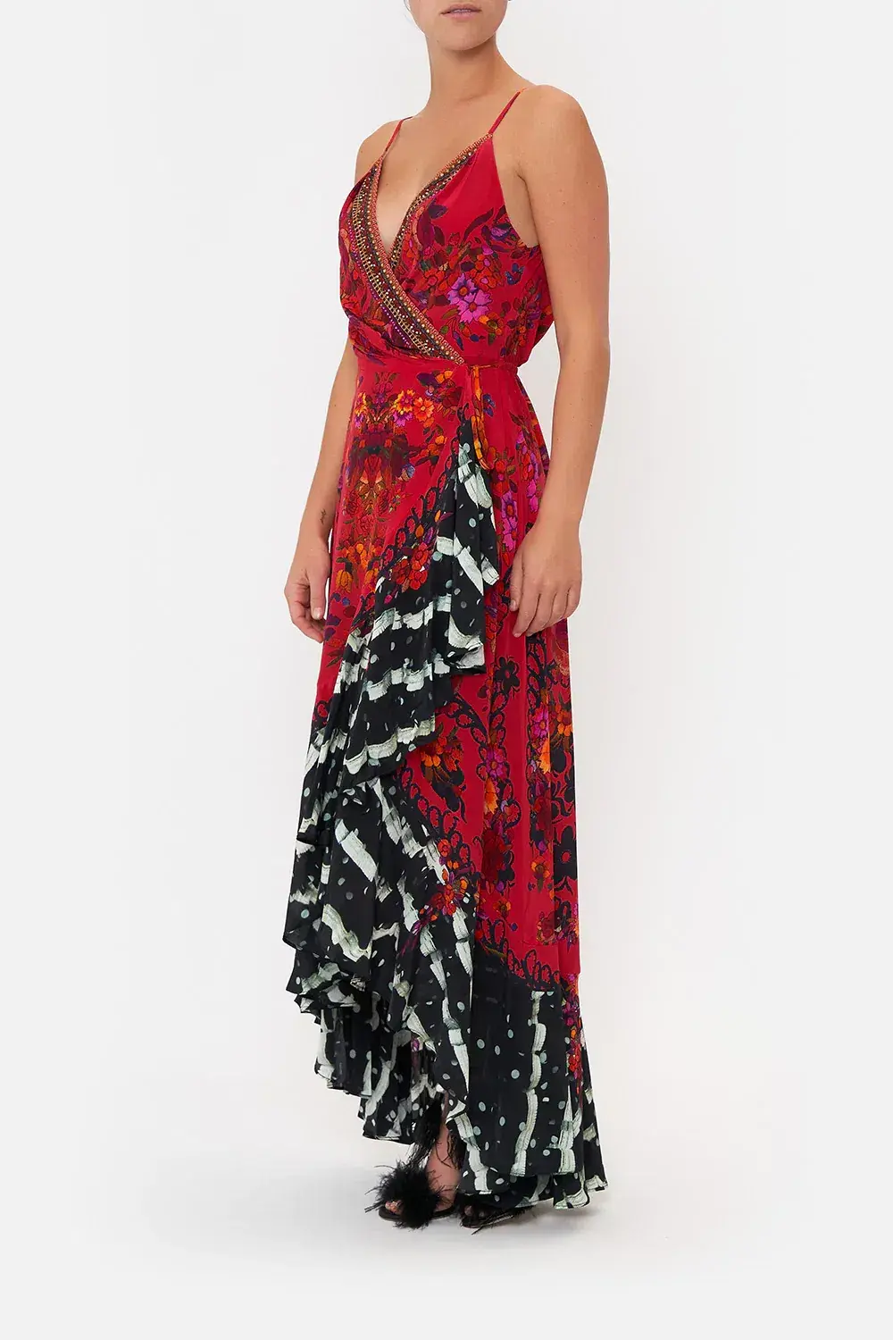 Camilla Draped Front Wrap Dress Red Multi Size 10 - Image 2