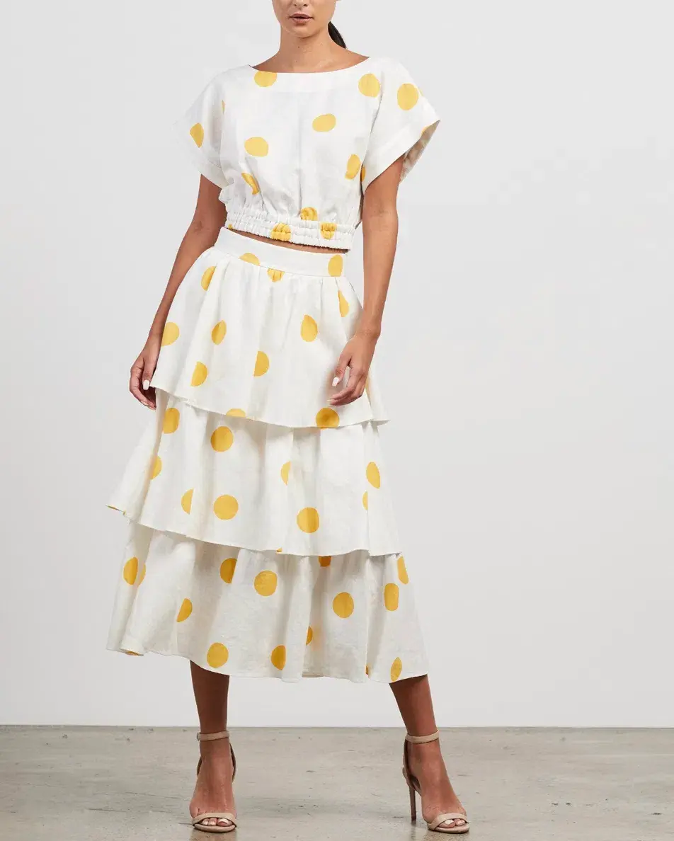 Rebecca Vallance Aya Polka-Dot Linen Midi Skirt and Crop Set White Print Size 12 - Image 1