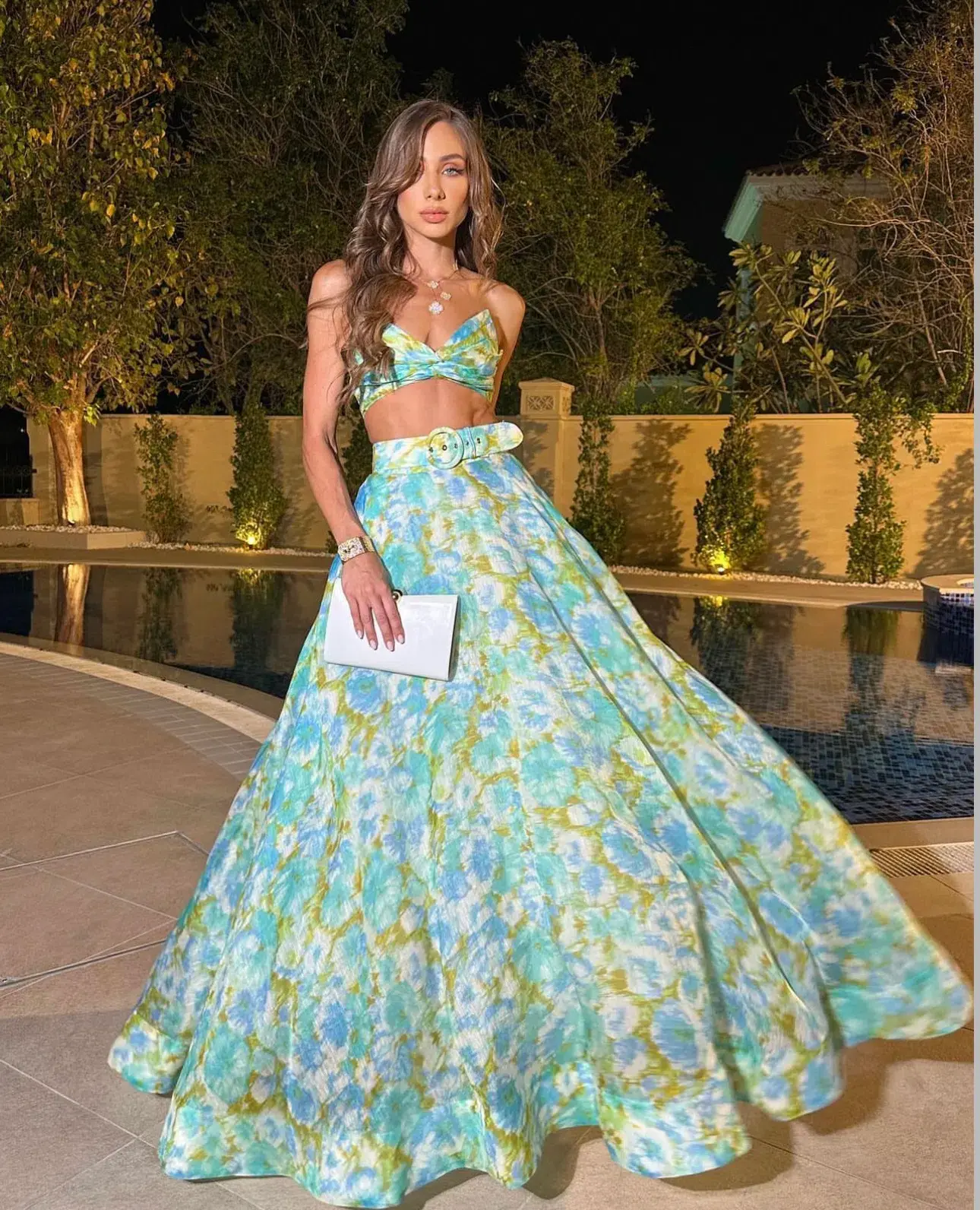 Zimmermann High Tide Twist Crop Bodice & Maxi Skirt Set in Aqua Ikat Floral Size 1 / AU 10 - Image 3