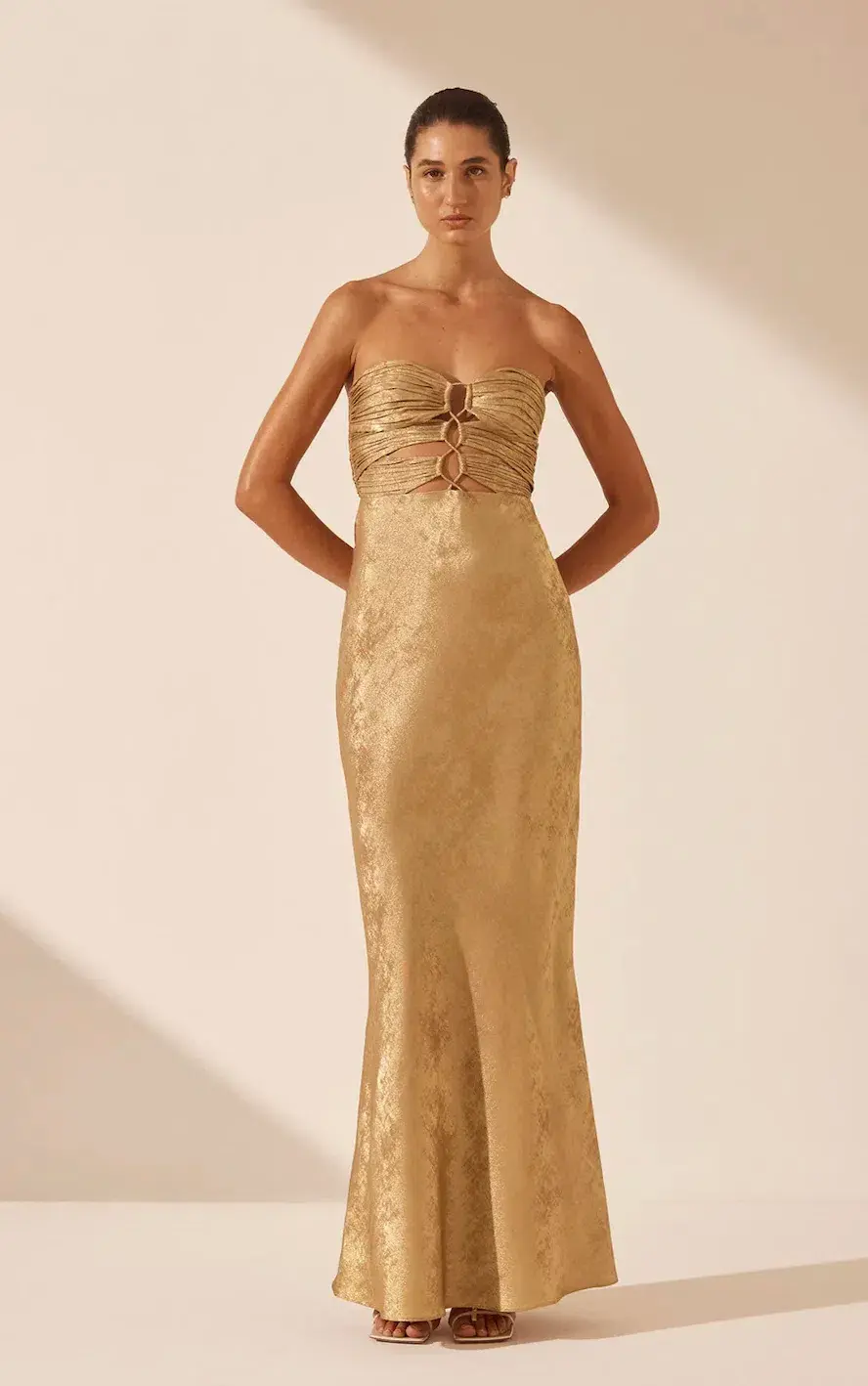 Shona Joy Royale Strapless Lace up Maxi Dress Gold Size 6 for rent on The Volte - main image