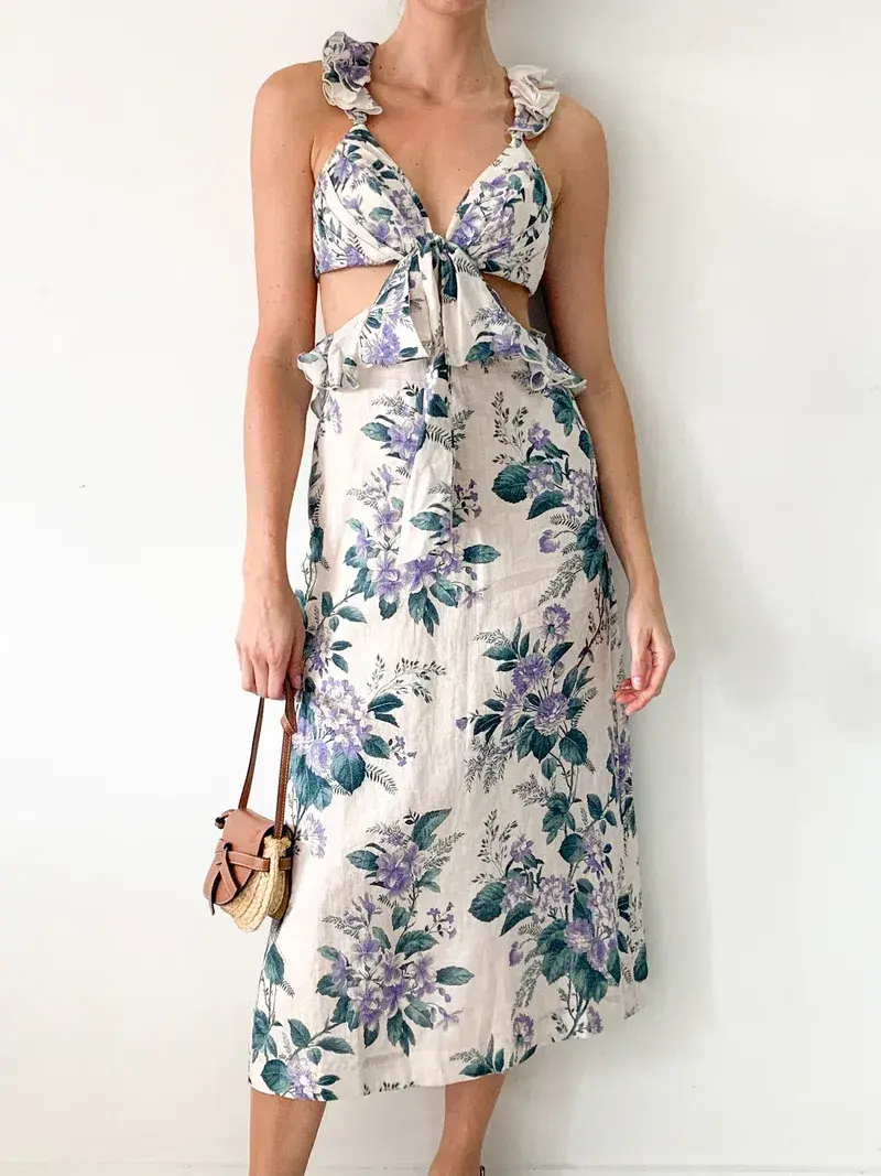 Zimmermann Cassia Ruffle Linen Midi Dress Floral Size 0 / AU 6-8 - Image 2