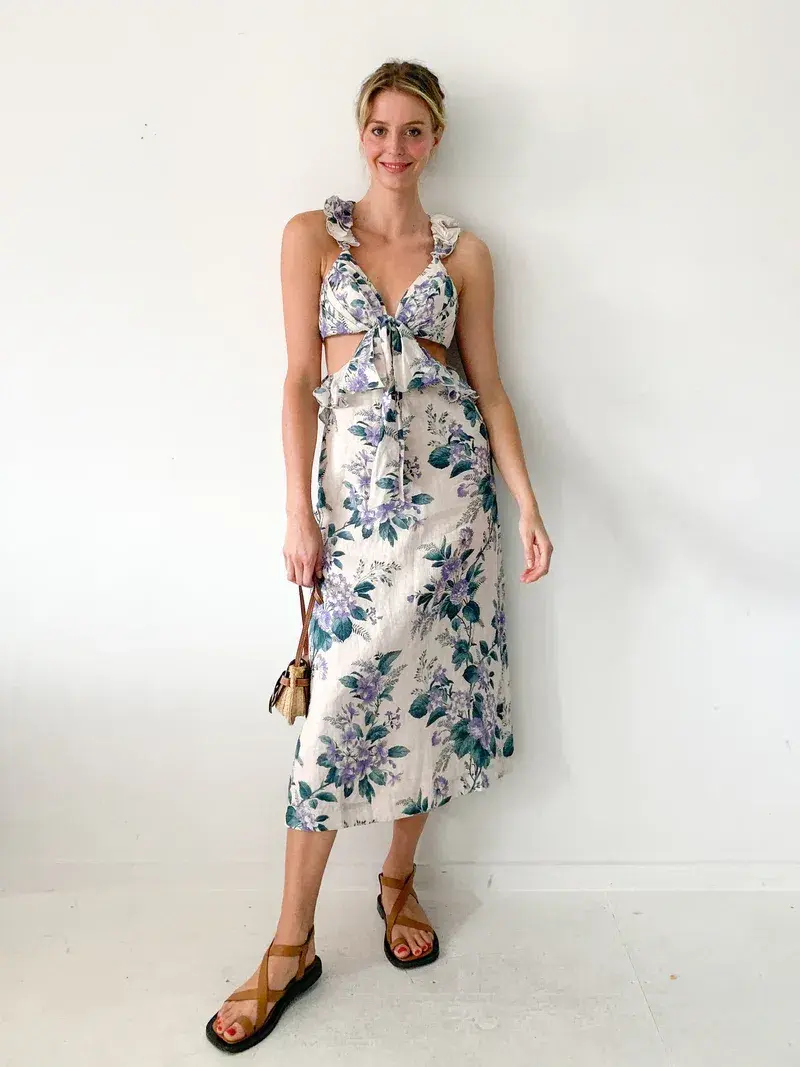 Zimmermann Cassia Ruffle Linen Midi Dress Floral Size 0 / AU 6-8 - Image 1
