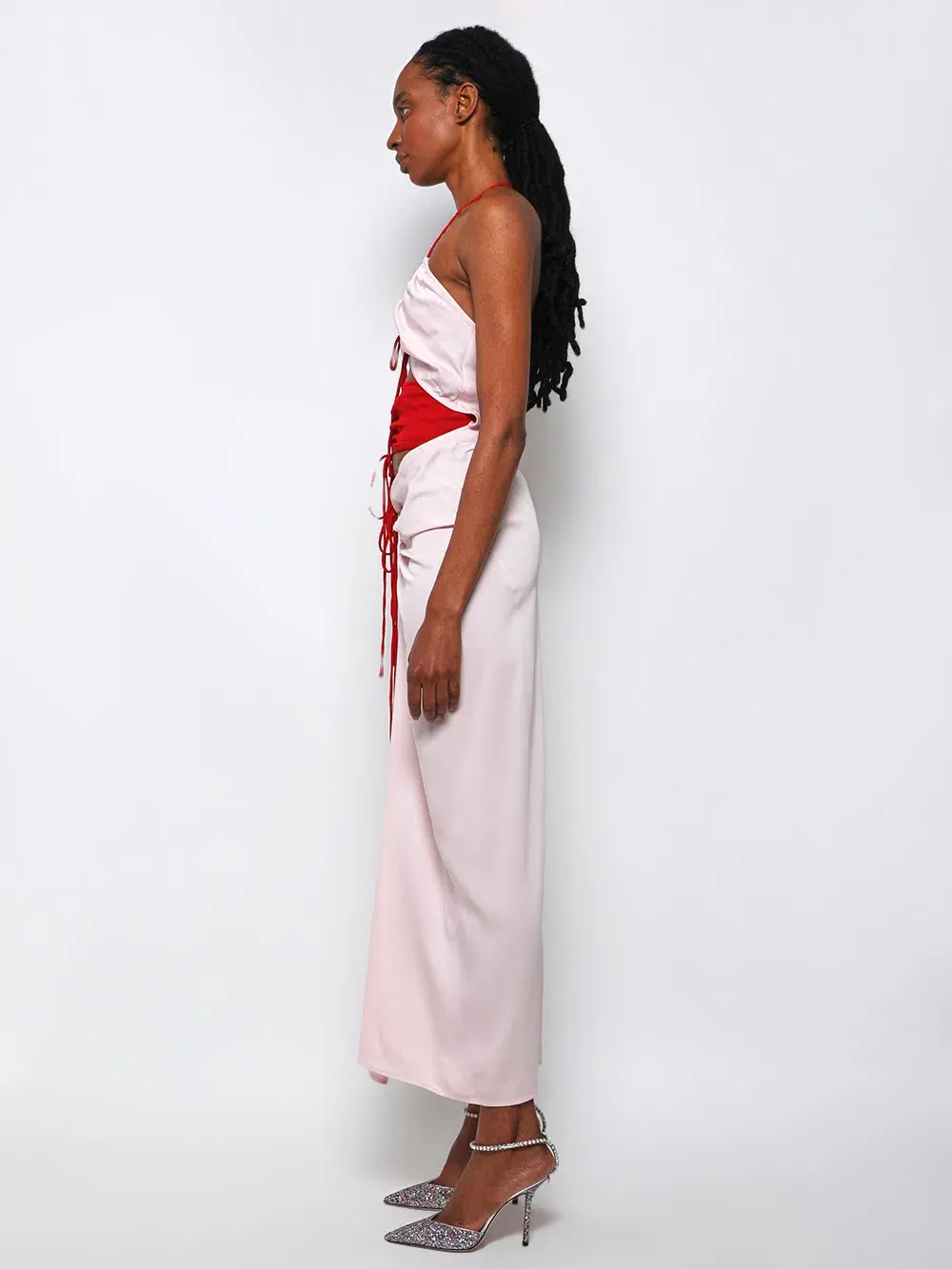 Christopher Esber Multi Panel Disconnect Ruched Halter Dress Rose Quartz Size 12 for rent on The Volte - main image