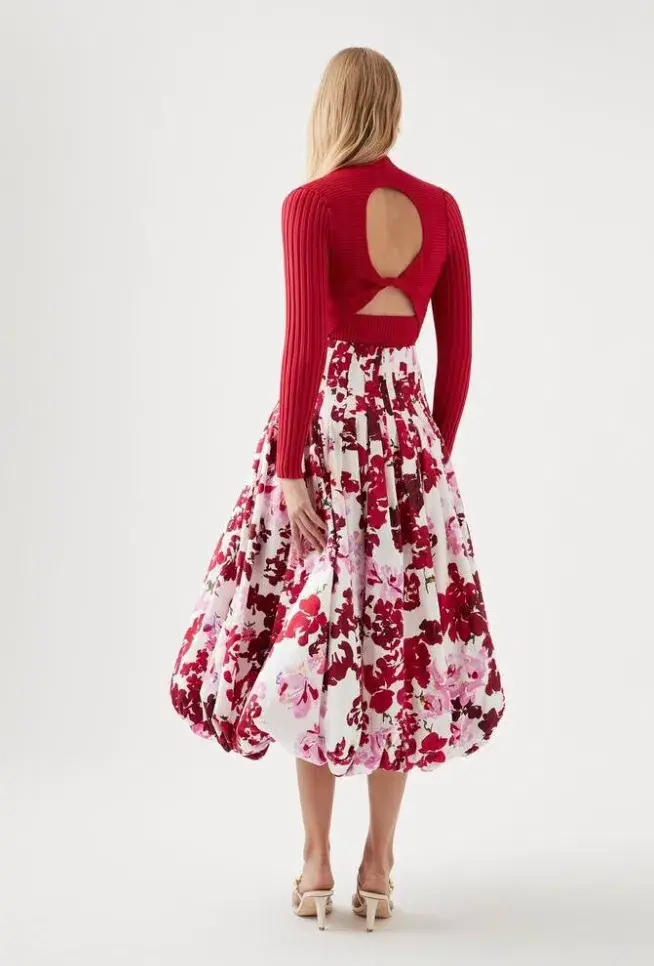 Aje Cherie Bubble Midi Skirt and Top Set Red Floral Size 8 for rent on The Volte - main image