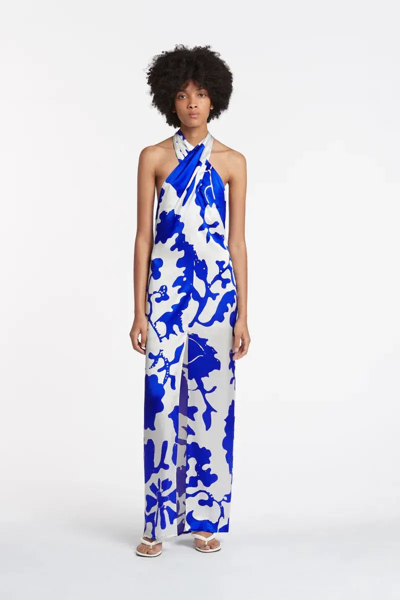Sir the Label Esme Halter Silk Maxi Dress Blue Print Size 3 / AU 12 - Image 1