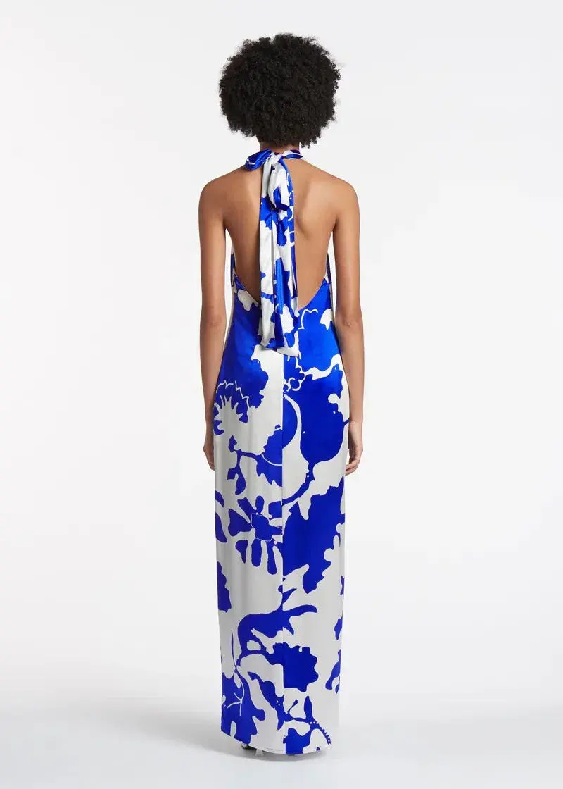 Sir the Label Esme Halter Silk Maxi Dress Blue Print Size 3 / AU 12 for rent on The Volte - main image