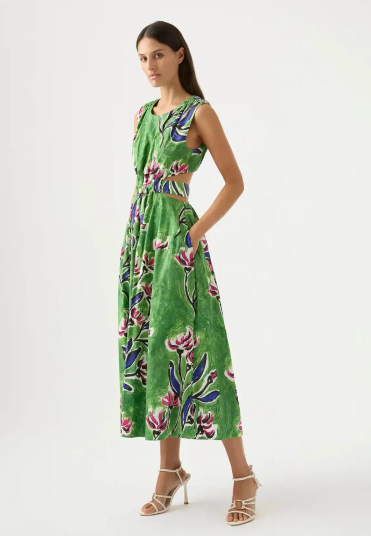 Aje Zorina Tie Midi Dress Green Floral Print Size 14 - Image 2