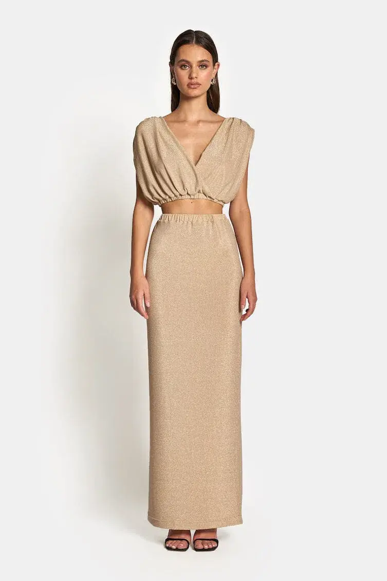Sofia The Label Valentina Draped Crop Top and High Waist Maxi Skirt Set In Gold Lurex Size 8 - Image 1