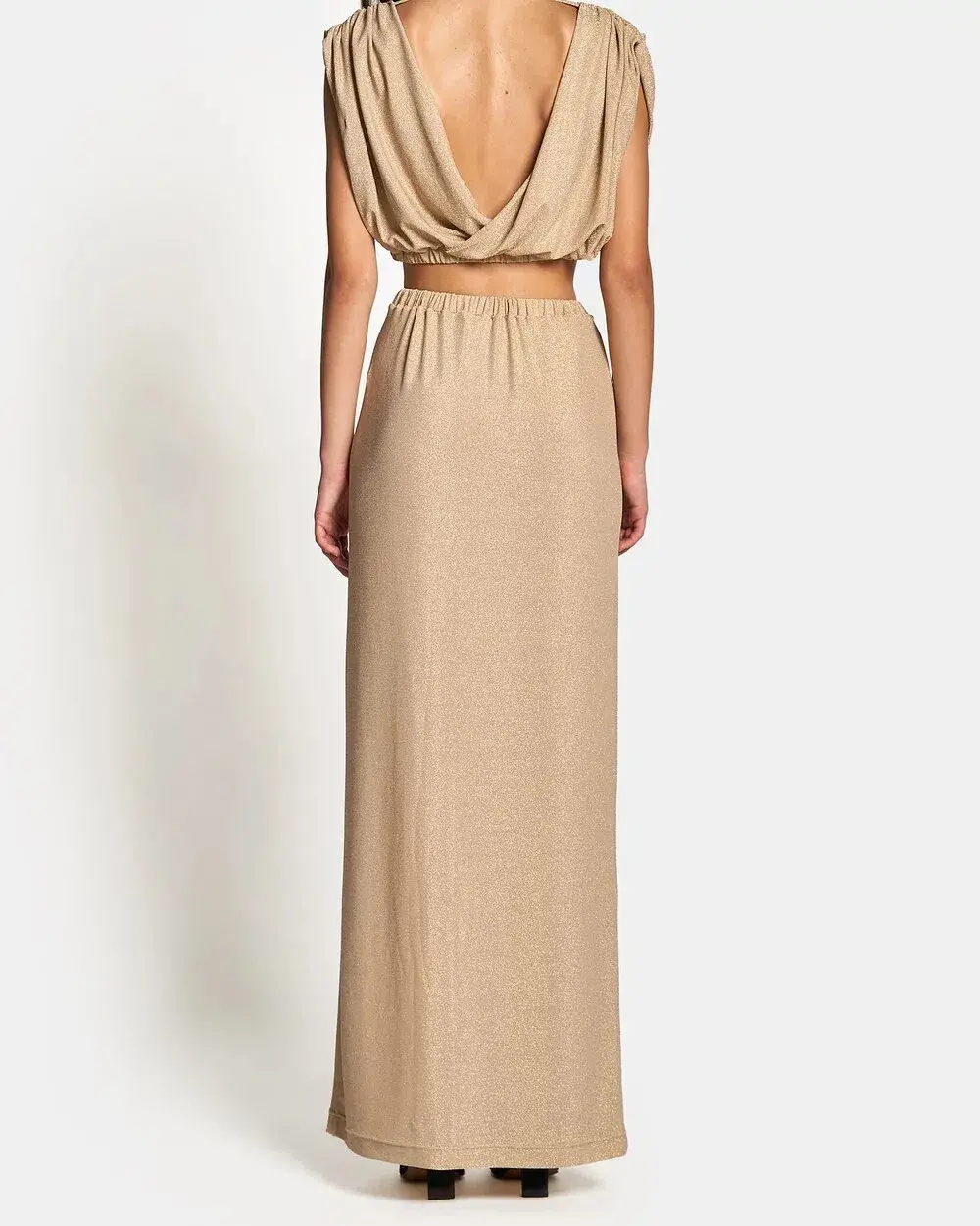 Sofia The Label Valentina Draped Crop Top and High Waist Maxi Skirt Set In Gold Lurex Size 8 - Image 2