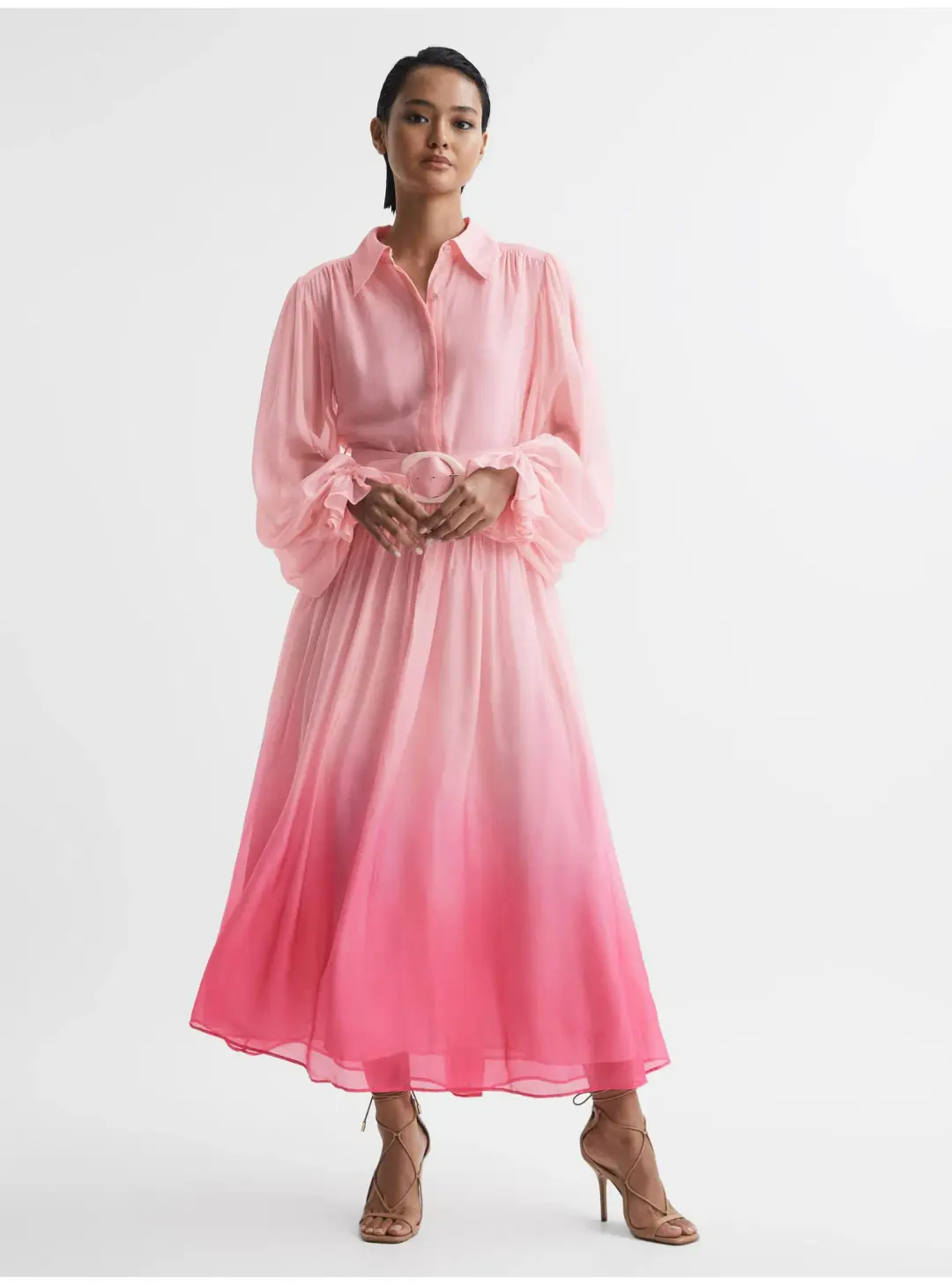 Leo Lin Cassie Tie Neck Midi Dress Ombre Pink Size 12 for rent on The Volte - main image