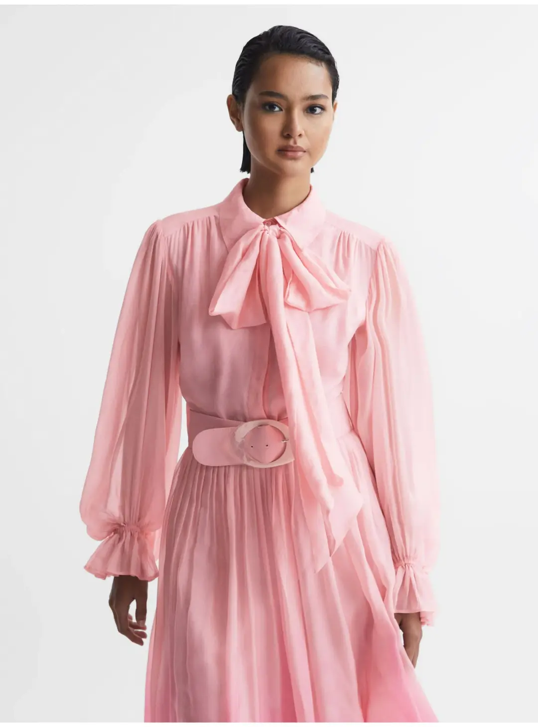 Leo Lin Cassie Tie Neck Midi Dress Ombre Pink Size 12 for rent on The Volte - main image