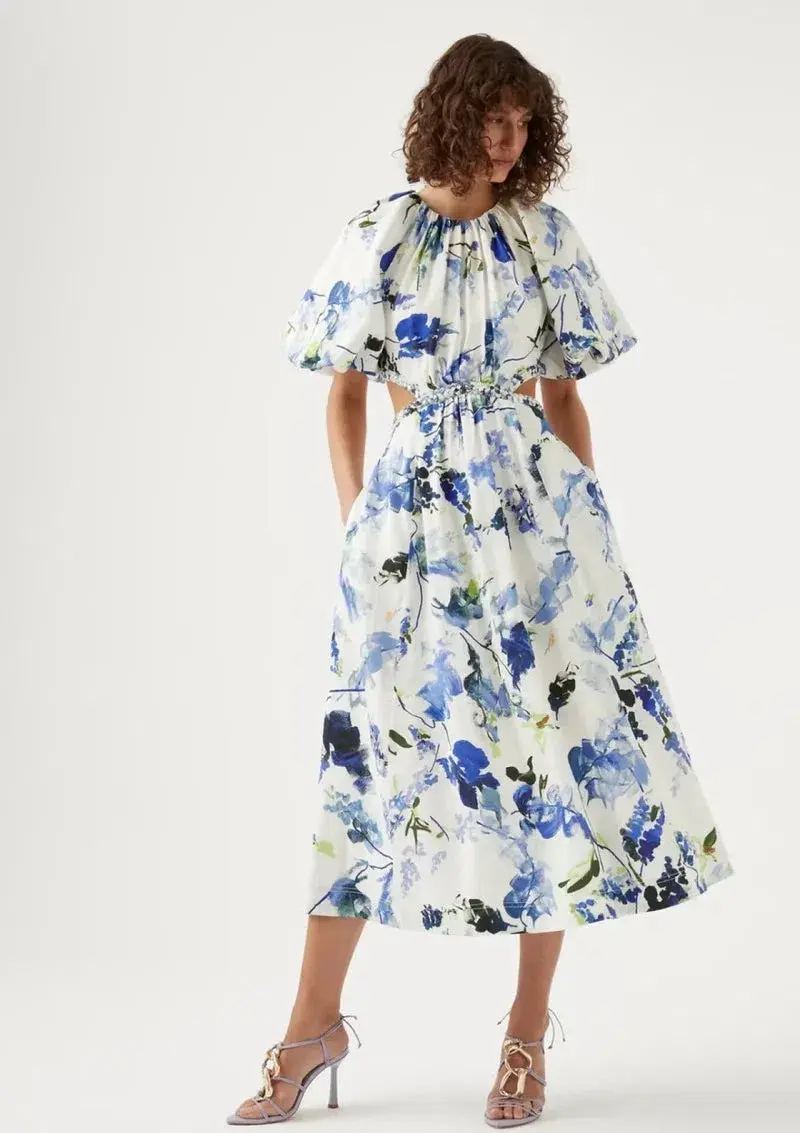 Aje Capucine Puff Sleeve Midi Dress Lavenders of Provence Print Size 4 - Image 1