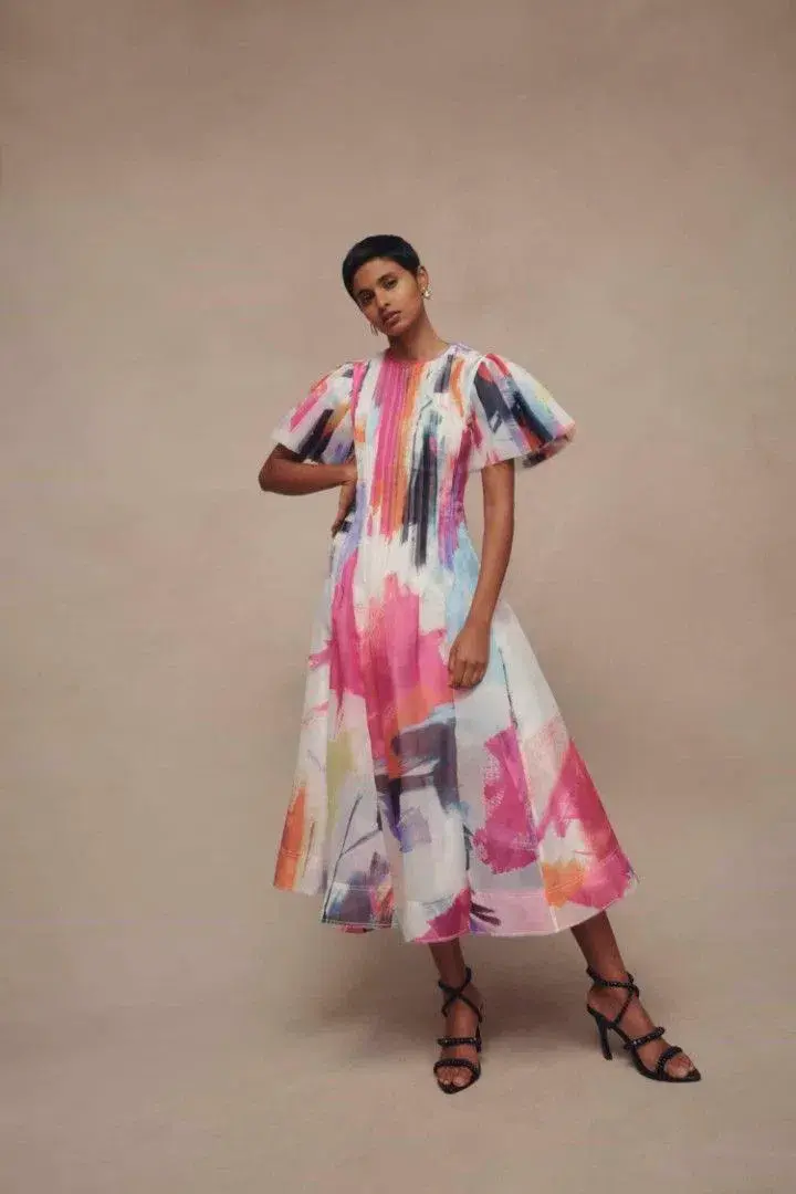 Aje Nova Pleated Midi Dress in Abstract Sunset Size 6 - Image 3