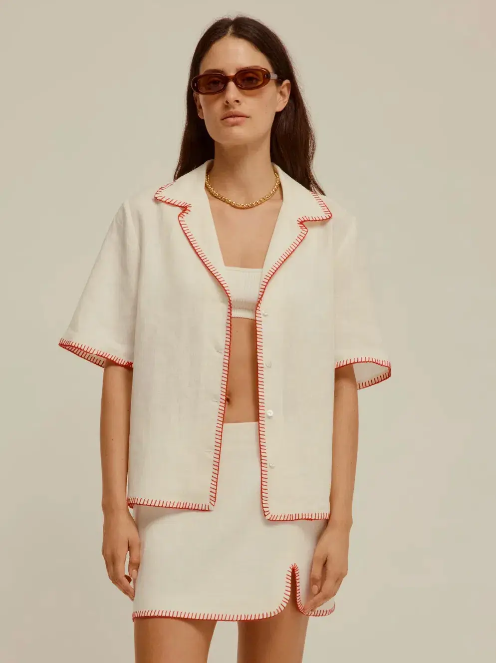 Venroy Blanket Stitch Linen Shirt & Skirt Set Pearl White Size 8 - Image 1