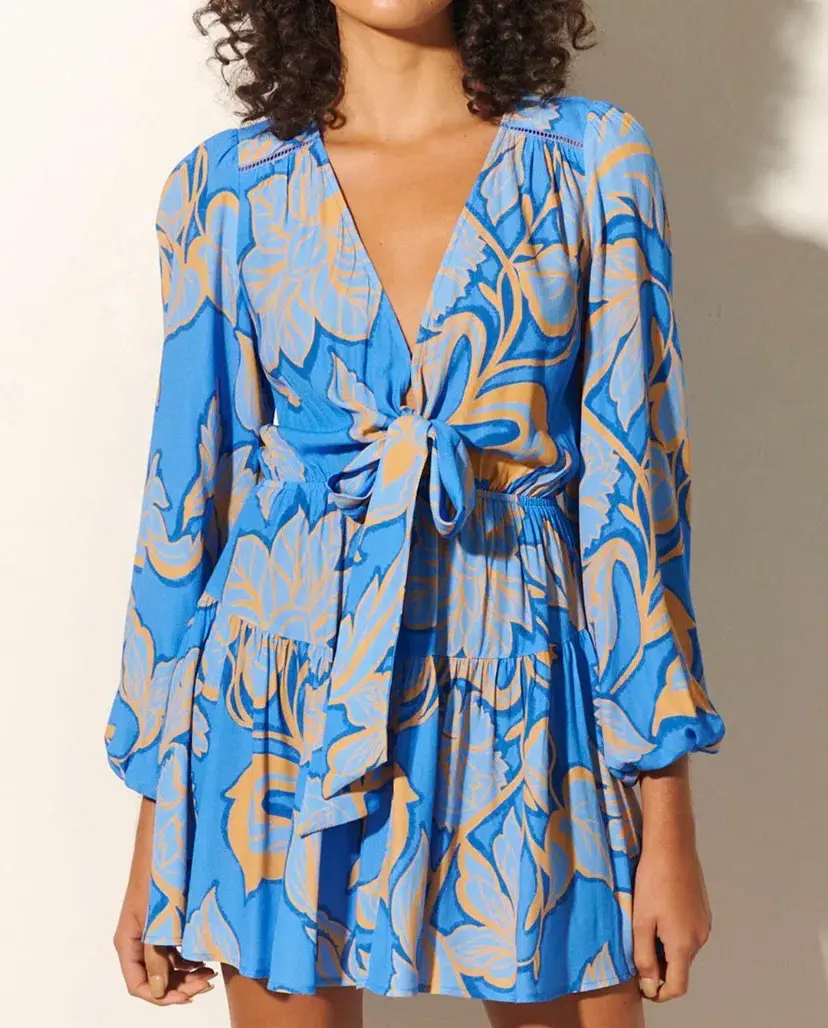 Kivari Taniana Tie Front Mini Dress Blue Size 6  - Image 4