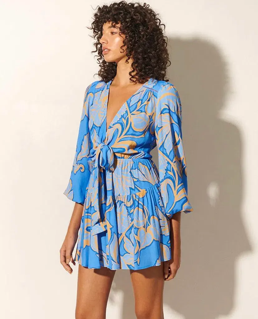 Kivari Taniana Tie Front Mini Dress Blue Size 6  for rent on The Volte - main image