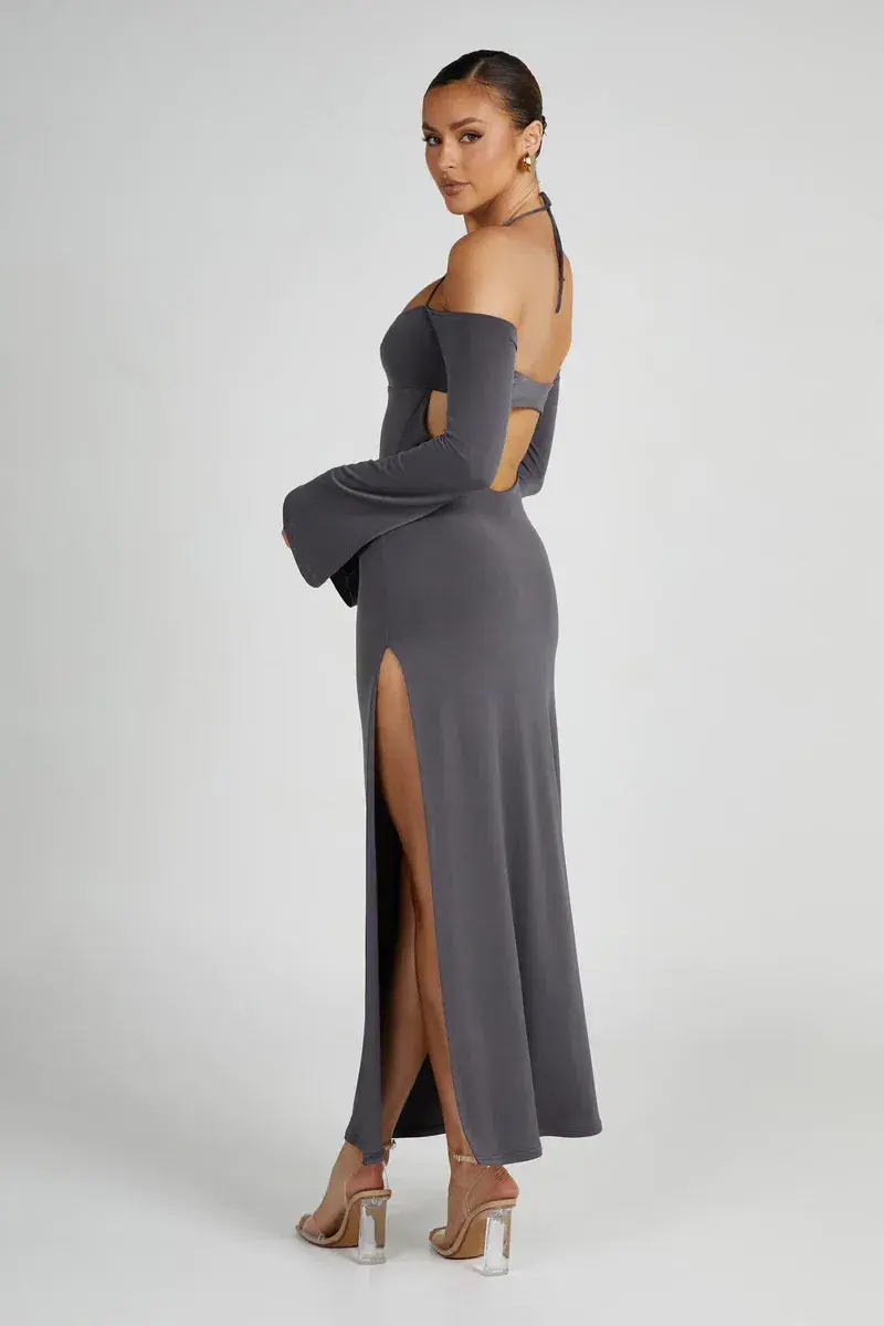 Meshki Slinky Off Shoulder Maxi Dress in Charcoal Grey Size 8 - Image 3