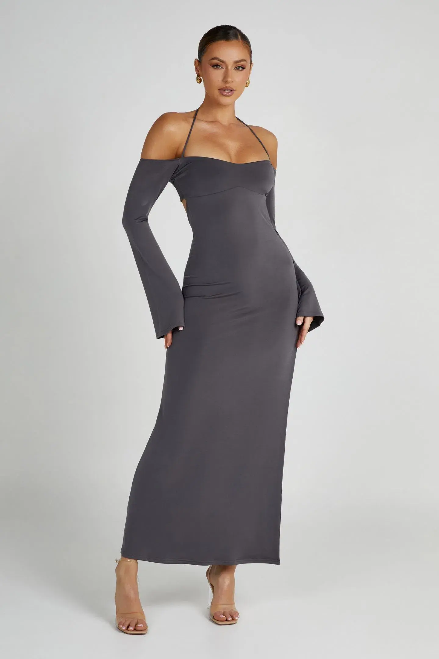 Meshki Slinky Off Shoulder Maxi Dress in Charcoal Grey Size 8 - Image 1