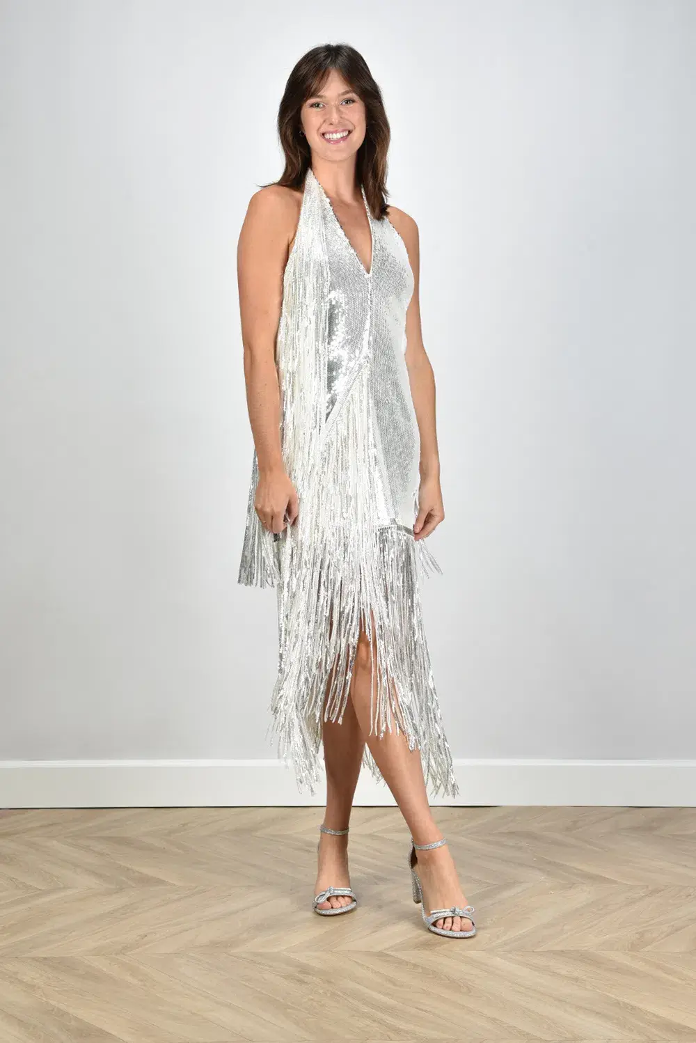 Rotate Sequins Mini Fringe Dress Silver Size 8 - Image 2